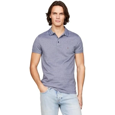 Abbildung von Tommy Hilfiger Herren Poloshirt Kurzarm Pretwist Mouline Slim Fit Polo Fit, Blau (Faded Indigo / White), S