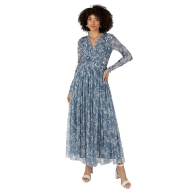 Abbildung von Anaya with Love Damen Women&#039;s Midaxi Dress Ladies V Neck Wrap Long Sleeves Floral Sequin Embellished for Wedding Guest Party Occasion Evening Kleid, Blue,