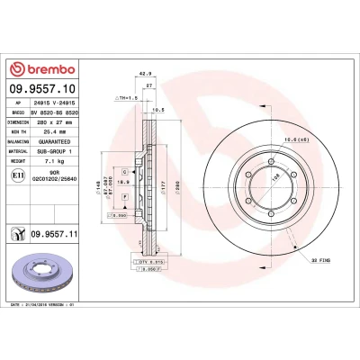 Abbildung von BREMBO COATED DISC LINE 09.9557.11 Bremsscheibe 280 27 6 innenbelüftet beschichtet HYUNDAI: Terracan, Terracan Box Body / SUV