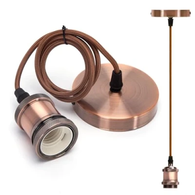 Abbildung von Aigostar Metall E27 Vintage Lampenfassung,E27 Retro Lampenaufhängung mit Kabel,Vintage Pendelleuchte Deckenhalterung,1m Kabel,Rotbronze