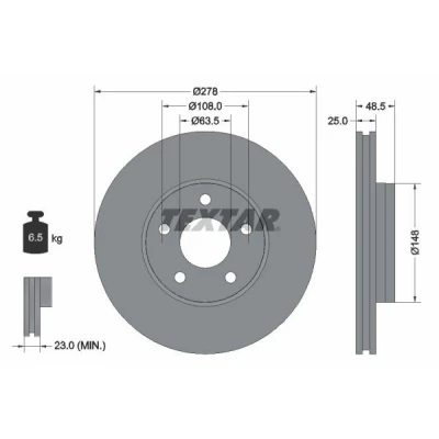 Abbildung von TEXTAR PRO 92237703 Bremsscheibe 278 25 05/05 108 innenbelüftet beschichtet ohne Radbefestigungsbolzen, Radnabe FORD: C Max 2, FOCUS 3 Turnier