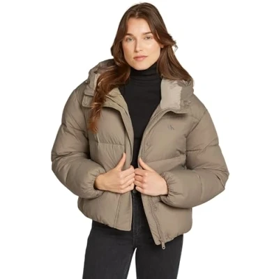Abbildung von Calvin Klein Jeans LOGO Short Hooded Puffer Winterjacke, Damen, Größe: Medium, Brindle