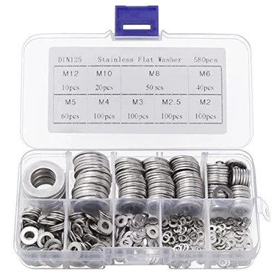 Abbildung von Belle Vous Runde Edelstahl Unterlegscheiben Set mit Aufbewahrungsbox (580 Stück) 9 Verschiedene Größen M2, M2.5, M3, M4, M5, M6, M8, M10 und M12 Reparatur, Heimdekor Tür