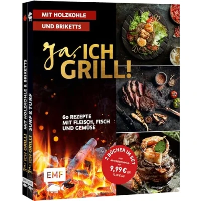 Abbildung von Ja, ich grill! mit Holzkohle und Briketts: Doppelt gut 2 Bücher im Set: 60 Rezepte Fleisch, Fisch Gemüse allen Grundlagen zum Grillen