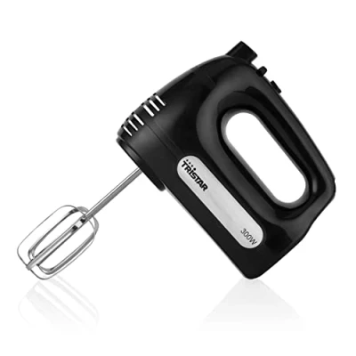 Abbildung von Tristar MX 4201 Handmixer, 5 Geschwindigkeits und 1 Turbostufe, 300 Watt Leistung, mit 2 Teighaken Schneebesen, Schwarz