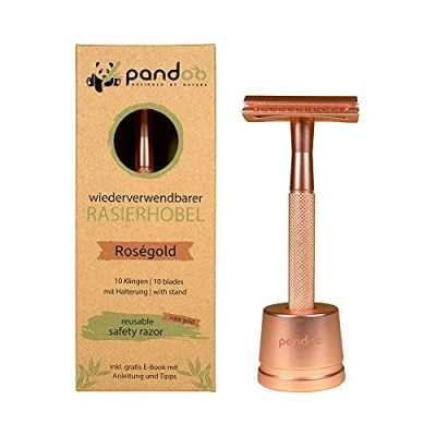 Abbildung von pandoo Rasierhobel inkl. Halterung Metall Zero Waste Rasierer plastikfrei Sicherheits Safety Nassrasierer Männer und Frauen (Rose)