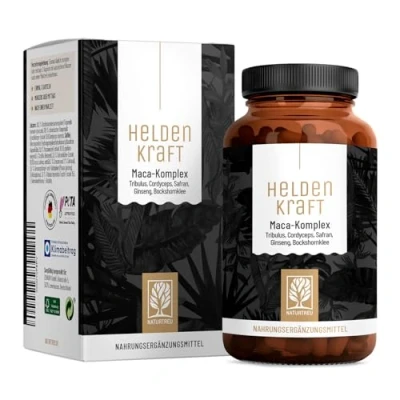 Abbildung von Maca Kapseln hochdosiert 20:1 Extrakt mit Tribulus terrestris, Cordyceps, Bockshornklee, Zink, Ginseng, Safran, Selen 90 Kapsel Heldenkraft für Männer