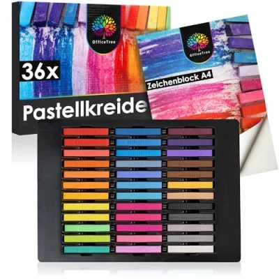 Abbildung von OfficeTree 36 x Pastellkreide Set Malkreide für Papier Soft Künstlerkreide inkl. Zeichenblock Pastell Kreide in Intensiven Farben den Künstlerbedarf