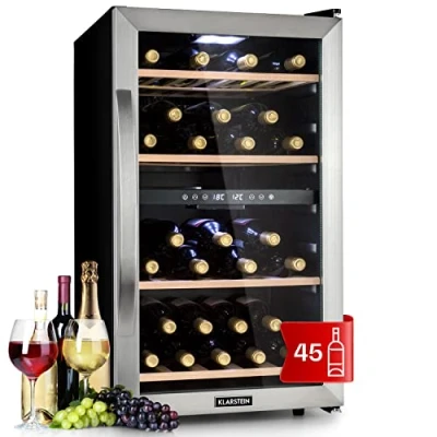 Abbildung von Klarstein Weinkühlschrank, Getränkekühlschrank Schmal, Kühlschrank mit Glastür, Getränkekühlschränke Freistehend, Weinkühlschrank Klein, Weinkühlschränke 2 Zonen, UV Schutz, 5 18 C, 45 Flaschen