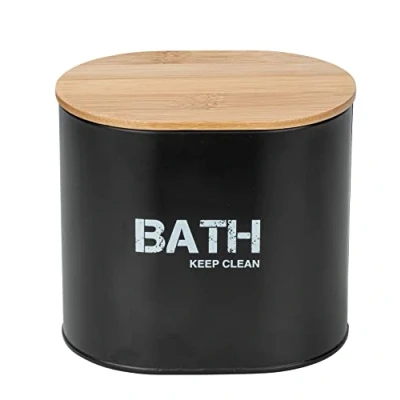 Abbildung von WENKO Badbox Gara, Aufbewahrungsdose aus Stahl mit Bambus Deckel, trendiger Aufdruck, ideal für Bad und Gäste WC, 14,5 x 13,5 10,5 cm, Schwarz