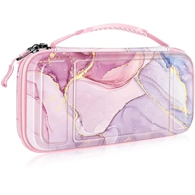 Abbildung von Fintie Tragetasche Kompatibel mit Nintendo Switch/Switch OLED Modell [Stoßfeste] Hartschalen Aufbewahrung 10 Spielkartenhaltern, Reisetasche für Konsole und Zubehör, Glorreicher Marmor