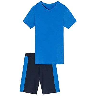 Abbildung von Jungen Schlafanzug kurz, weicher Single Jersey aus 100% Baumwolle und Hose in Bermuda Form blau Grösse 140