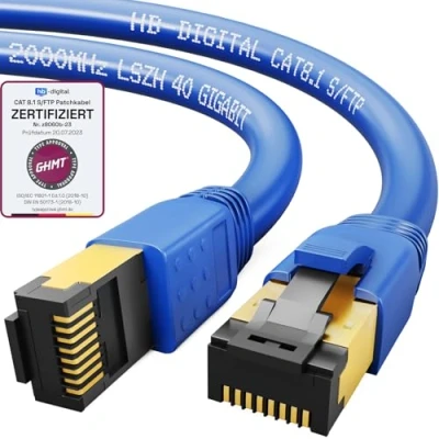 Abbildung von HB DIGITAL 1,5m CAT 8.1 Netzwerkkabel S/FTP LSZH, 40 Gbit/s LAN Patchkabel mit RJ45 Stecker Ethernet Data Cable 40.000 Mbit/s+GHMT Zertifikat Blau