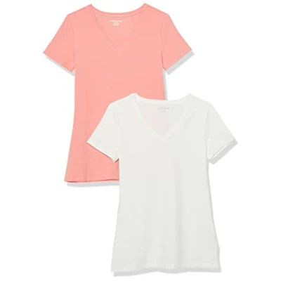 Abbildung von Amazon Essentials Damen Kurzärmeliges T Shirt mit V Ausschnitt, Klassischer Schnitt, 2er Pack, Pfirsich/Weiß, S