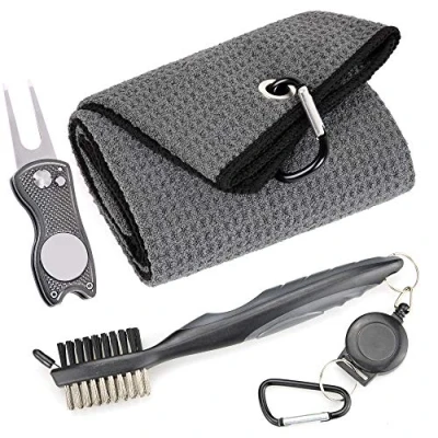 Abbildung von Mile High Life Mikrofaser Waffelmuster Golf Handtuch Club Groove Cleaner Brush Faltbares Divot Werkzeug mit magnetischem Kugelmarker