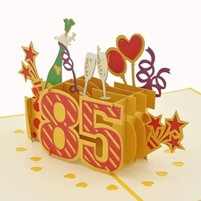 Abbildung von Favour Pop Up® 3D Glückwunschkarte zum runden 85. Geburtstag mit Cover in Goldfarbe, ideal auch für Geldgeschenk oder Gutschein. TG085