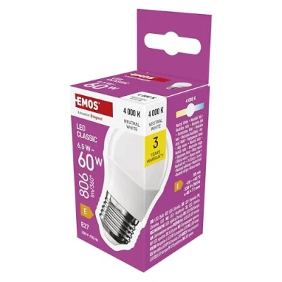 Abbildung von EMOS LED Lampe Mini Globe, 6,5W Ersatz für 60W Glühbirne, kleine Birne mit E27 Sockel, Helligkeit 806 lm, Neutralweiß 4000 K, 30000 h Lebensdauer, CRI min. 80, 150 Abstrahlwinkel