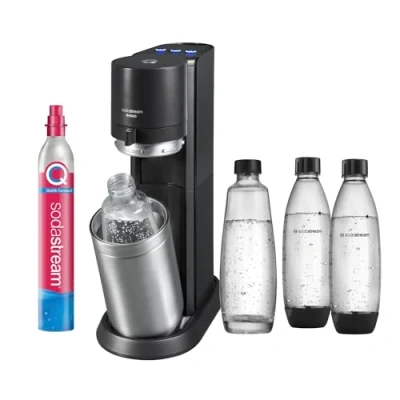 Abbildung von SodaStream E Duo, Elektrischer Wassersprudler mit CO2 Zylinder, Glasflasche und 2X 1L spülmaschinenfeste Kunststoff Flasche, Höhe: 44cm