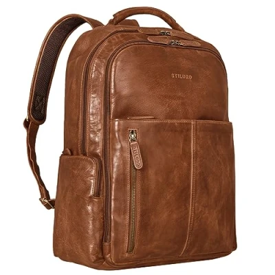 Abbildung von STILORD &#039;Sherlock&#039; Laptoprucksack Damen und Herren 17 Zoll Leder ideal als Studenten Rucksack Cityrucksack groß Messenger Retro Lederrucksack Echtleder, Farbe:brandy cognac