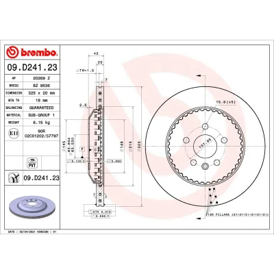 Abbildung von BREMBO 09.D241.23 Bremsscheibe 325 20 5 innenbelüftet, zweiteilig beschichtet LAND ROVER: Discovery Sport, Range Rover Evoque