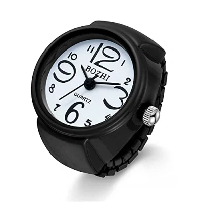 Abbildung von JewelryWe Damen Ringuhr Fingeruhr Analog Quarzuhr Elastisch Ring Band Uhr Uhrenring Geschenk für Mädchen Schwarz