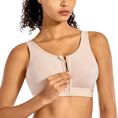Abbildung von SYROKAN Damen Sport BH Starker Halt Vorderverschluss Ohne Bügel Und Einlagen für Nach Brust OP Fitness Lauf Yoga Beige 90D