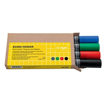 Abbildung von SIGEL BA010 Board Marker trocken und feucht abwischbar schwarz, blau, rot, grün Rundspitze 2 3 mm 4 Stück für weiße Glas Magnettafeln, Whiteboards Flipcharts