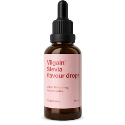 Abbildung von Vilgain Stevia Drops Natürlicher kalorienfreier Süßstoff, 5 Geschmacksrichtungen, ideal für Getränke, Backen &amp; Diabetiker, ohne Zucker, hitzebeständig, vegan ergiebig (50ml, Erdbeere)