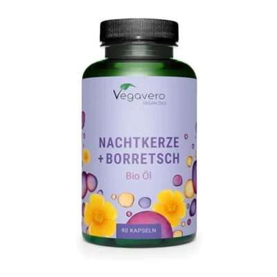 Abbildung von Bio Nachtkerzenöl Kapseln Vergleichssieger 2024* mit Borretschöl kaltgepresst PREMIUM: Rohstoffe KEINE Gelatine 13,5% GLA (Omega 6) Laborgeprüft Deutsche Produktion Vegavero®