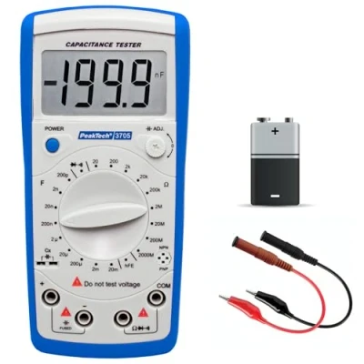 Abbildung von PeakTech Digital Kapazitätsmessgerät 20MF / Widerstandmessgerät 2000 Mohm/Durchgangsprüfer/DIODEN Test/Transistortest Hfe, 1 Stück, P 3705, blau und weiß