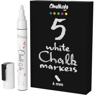 Abbildung von Chalkola Kreidestifte für Tafel Abwaschbar Weiß 5 Kreidemarker Weiss 6mm Spitze Kreidestift Fenster, Tafel, als Glasstift Chalk Markers alle Altersgruppen