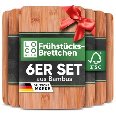 Abbildung von Loco Bird Frühstücksbrettchen Set aus Bambus Holz (6 Stück) 22x14cm Schneidebrett Brett Holzbrett Küche, Robustes Frühstücksbrettchen, Nachhaltiges Schneidebretter Brettchen