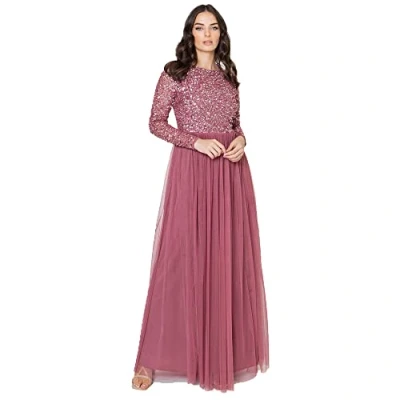 Abbildung von Maya Deluxe Damen Women&#039;s for Wedding Guest Plus Size Large Rich High Waist Sequins Long Sleeve Prom Evening Bridesmaid Dress, Desert Rose, 40 EU