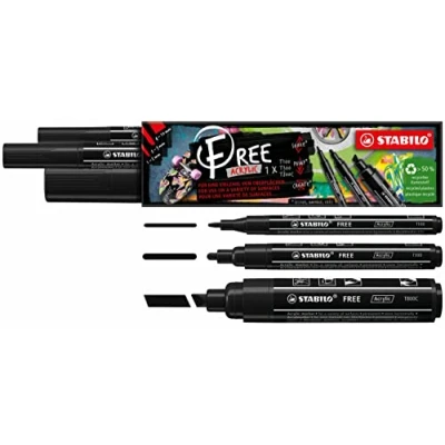 Abbildung von Acrylmarker STABILO FREE Acrylic 3er Pack je 1x T100, T300, T800C mit 3 verschiedenen Spitzen schwarz
