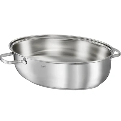 Abbildung von RÖSLE ELEGANCE Bräter oval, Multifunktionsdeckel mit Antihaftversiegelung ProPlex, Edelstahl 18/10, silberfarben/schwarz, PFOA frei, backofengeeignet, induktionsgeeignet