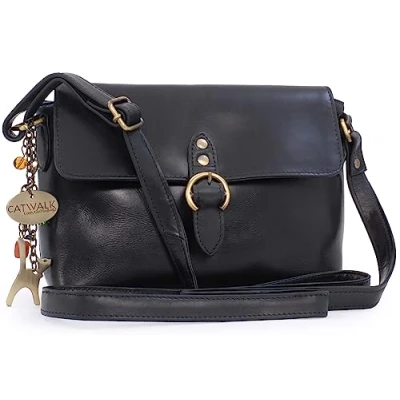 Abbildung von Catwalk Collection Handbags Damen Leder Umhängetasche Crossbody Bag/Handtasche Klein Verstellbarer Schultergurt FREYA Schwarz