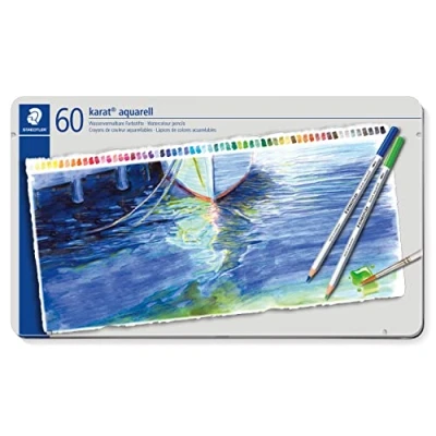 Abbildung von STAEDTLER aquarell Buntstifte karat aquarell, wasservermalbare, weiche und farbintensive Mine, für unterschiedliche Trocken Nasstechniken, 60 Aquarellstifte im Metalletui, 125 M60