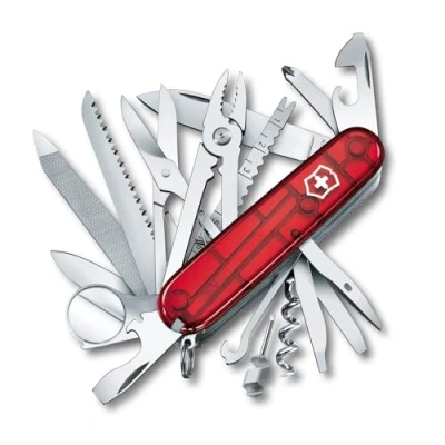 Abbildung von Victorinox Schweizer Taschenmesser Gross, Swiss Champ, Army Knife, Multitool, 33 Funktionen, Klinge, Korkenzieher, Schraubendreher, Rot Transparent