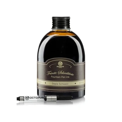 Abbildung von Octopus Fluids Füllhaltertinte im Tintenglas mit Konverter, Schreibtinte für Füllhalter, Füllertinte in Sepia Schwarz 250ml Tintenkonverter