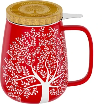 Abbildung von amapodo Teetasse mit Deckel und Sieb 600ml Porzellan Tee Tasse groß Jumbotasse XXL Tea Cup Set Rot plastikfrei