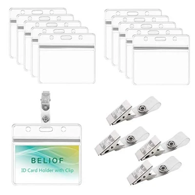 Abbildung von BELIOF 50 Stück Ausweishülle mit Clip Namensschilder Transparent Kunststoff Kartenhalter Ausweis Wasserdichte Ausweishalter Pcs Metall Badge Clips für ID Karte Abzeichenhalter