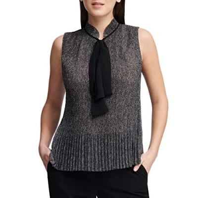 Abbildung von DKNY Women&#039;s Sleeveless Pleated TOP with TIE Neck, Black/White, XL