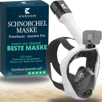Abbildung von Khroom Schnorchelmaske Erwachsene Vollmaske In Höhle der Löwen vorgestellt Unsere Beste CO2 sichere Tauchermaske Seaview Pro zum Schnorcheln Vollgesichtsmaske (L/XL, Weiß)
