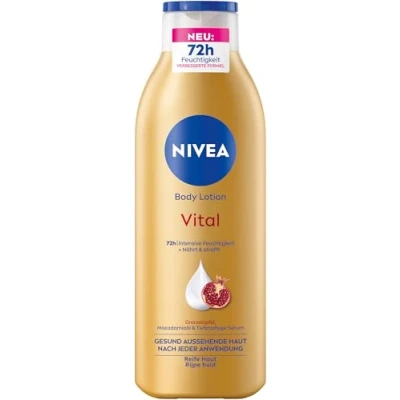 Abbildung von NIVEA Body Lotion Vital, nährende Körpercreme für reife Haut mit Granatapfel, Macadamiaöl &amp; Tiefenpflege Serum, Hautcreme 72h intensive Feuchtigkeit (250 ml)