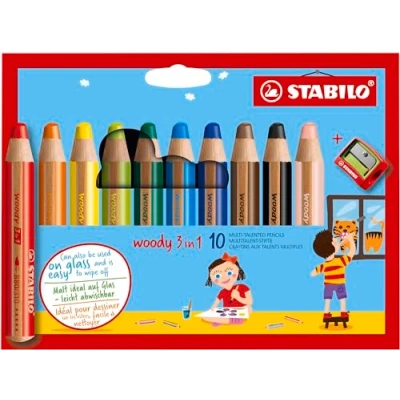 Abbildung von Buntstift, Wasserfarbe &amp; Wachsmalkreide STABILO woody 3 in 1 18er Pack mit Spitzer und Pinsel 18 verschiedenen Farben