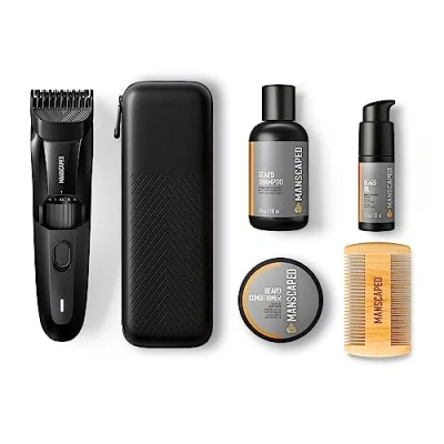 Abbildung von Das MANSCAPED® The Beard Hedger® Advanced Kit enthält unseren Präzisions Bart und Schnurrbartschneider, feuchtigkeitsspendendes Shampoo, weichmachenden Conditioner, Öl Gesichtshaarkamm