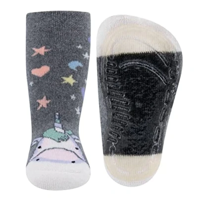 Abbildung von EWERS Stoppersocken Einhorn, Socken mit Antirutschsohle für Mädchen, Anti Rutsch Gummisohle, MADE IN GERMANY, 1 Paar rutschfeste Kindersocken, Grau, Größe 18 19