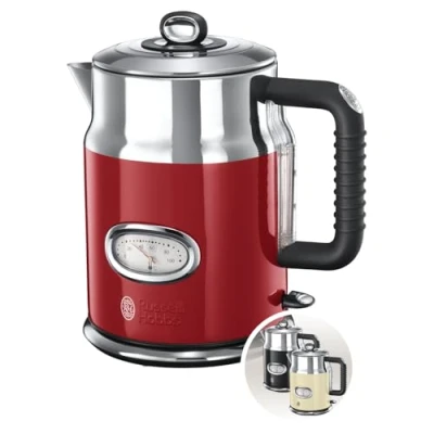 Abbildung von Russell Hobbs Wasserkocher [1,7l, 2400W] Retro Rot &amp; polierter Edelstahl (Schnellkochfunktion, Wassertemperaturanzeige im Retrodesign, außenliegende Wasserstandsanzeige) Vintage Teekocher 21670 70