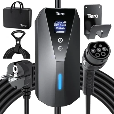 Abbildung von Tera EV Ladegerät Tragbares Typ 2 mit 7m Ladekabel 3kW 16A Schuko Ladegerätbox Einstellbare Strom Klarer LCD Anzeige IP66 wasserdichte Kabelhalterung Kabelbinder Deutsch Bedienungsanleitung
