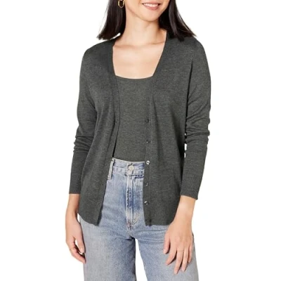 Abbildung von Amazon Essentials Damen Leichter Cardigan mit V Ausschnitt (in Übergröße erhältlich), Dunkelgrau Meliert, XXL